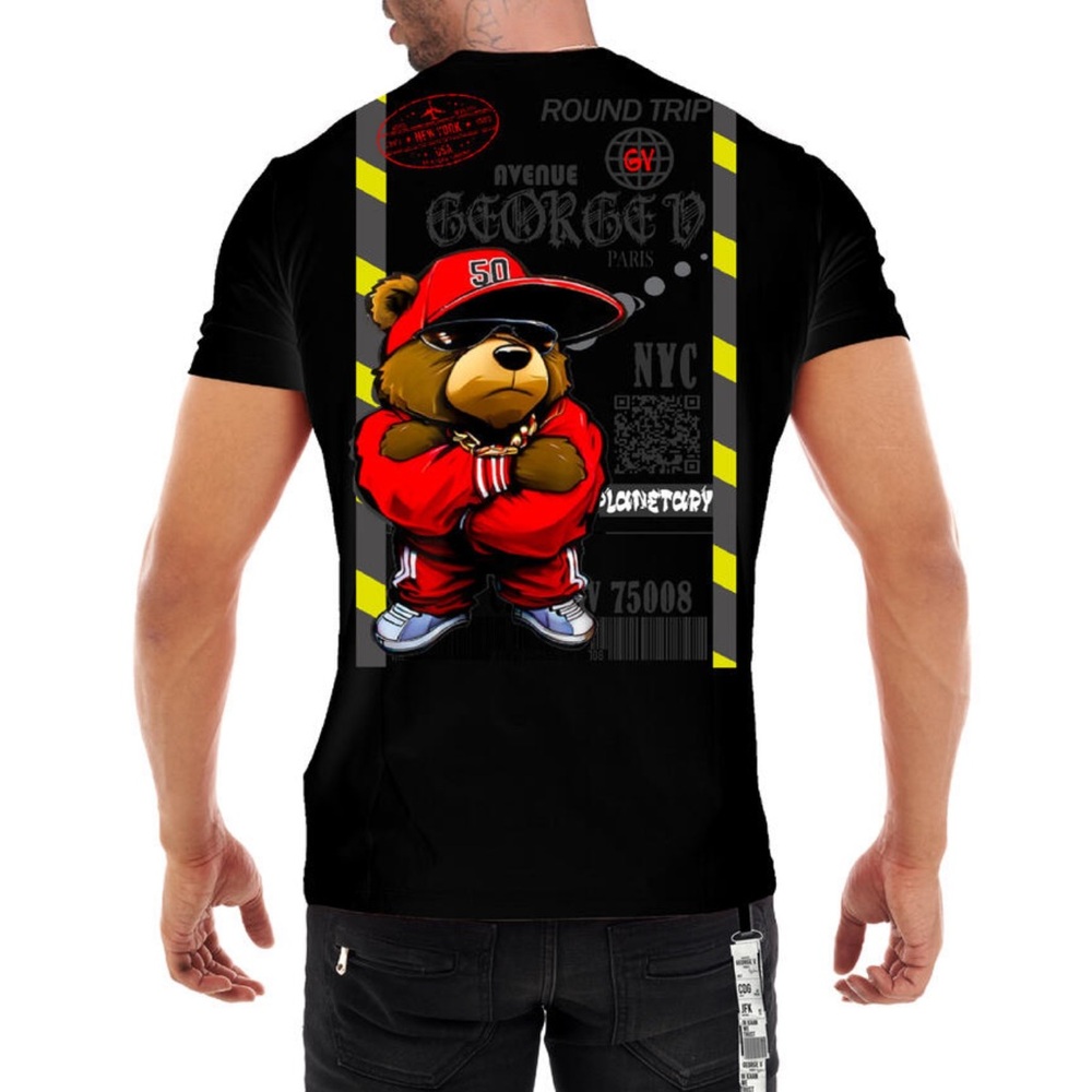 George V Black Caution Bear Graphic T-Shirt Men Diamond